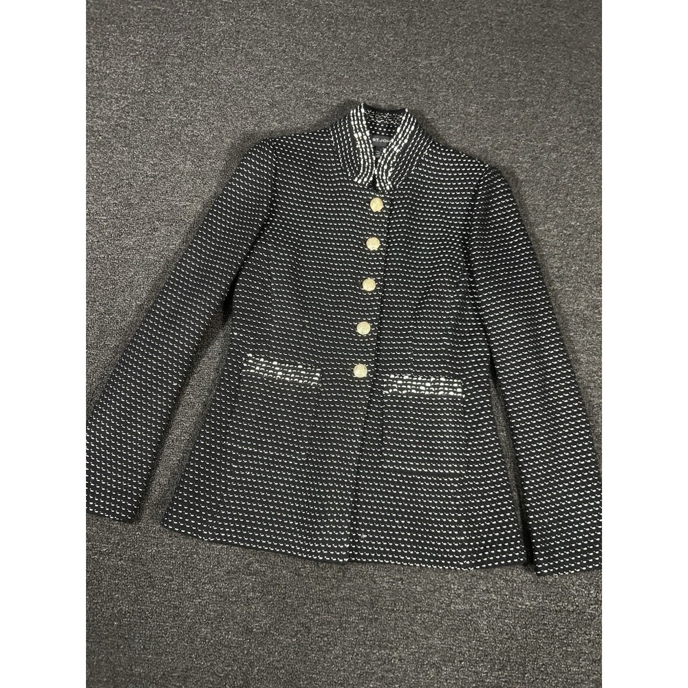 St. John Santana Knit Coat Jacket Women's 2 Black Gold Buttons Geometric Wool